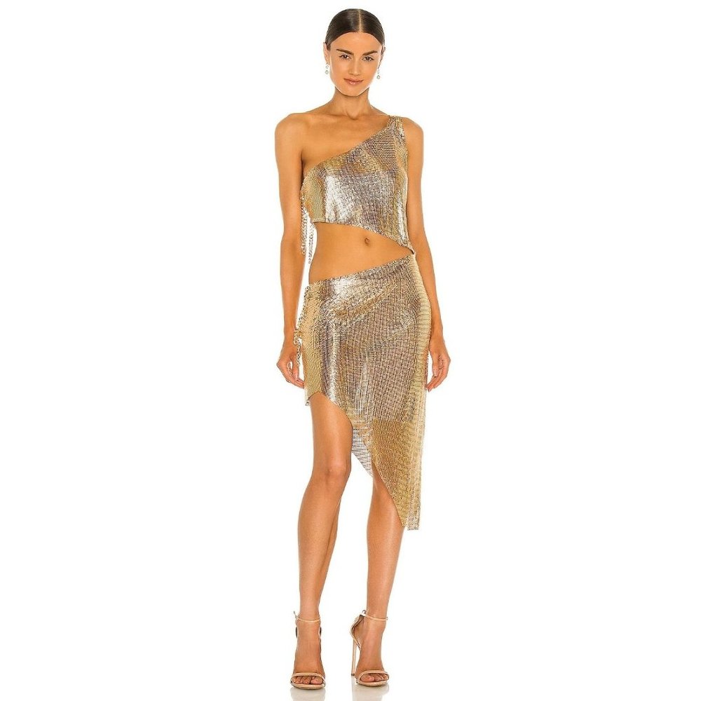 Bronx and Banco Dress Xenia One Shoulder Chainmail in Gold